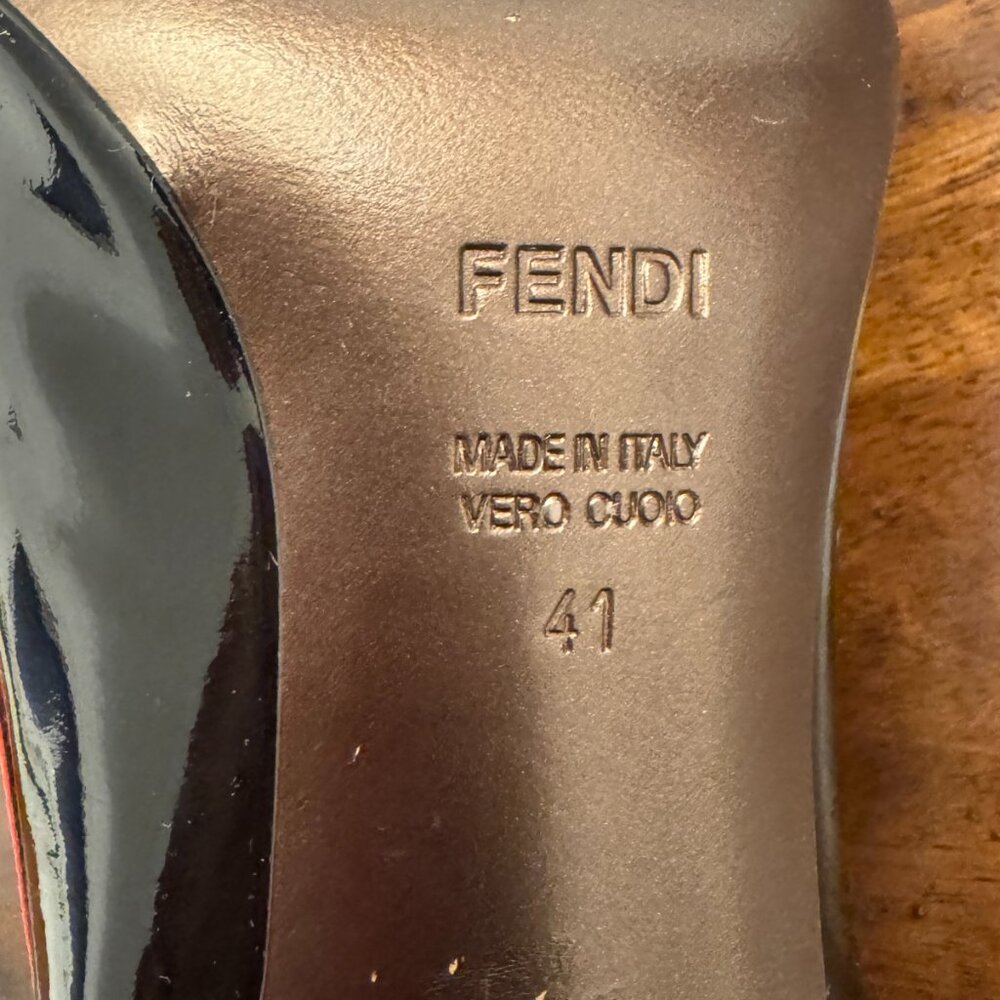 Vintage FENDI Black Patent Gold Medallion Peep Toe Pump - Picture 10 of 13